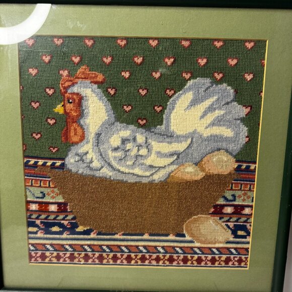 Framed Needlepoint Canvas Chicken in a Basket Finished Completed Picture Frame - Picture 3 of 6